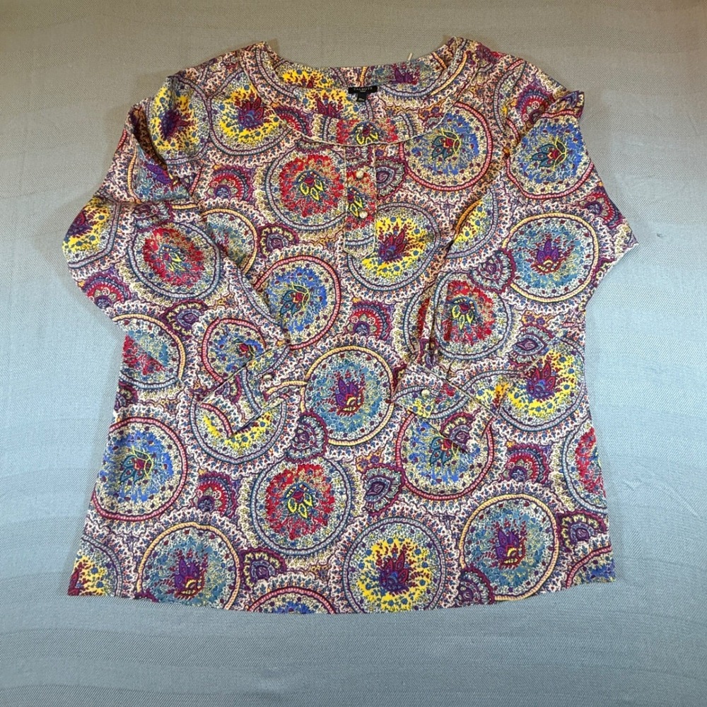 Talbots Woman Paisley Medallion Cotton Top 20W Multi-Color Gold Button 2446
